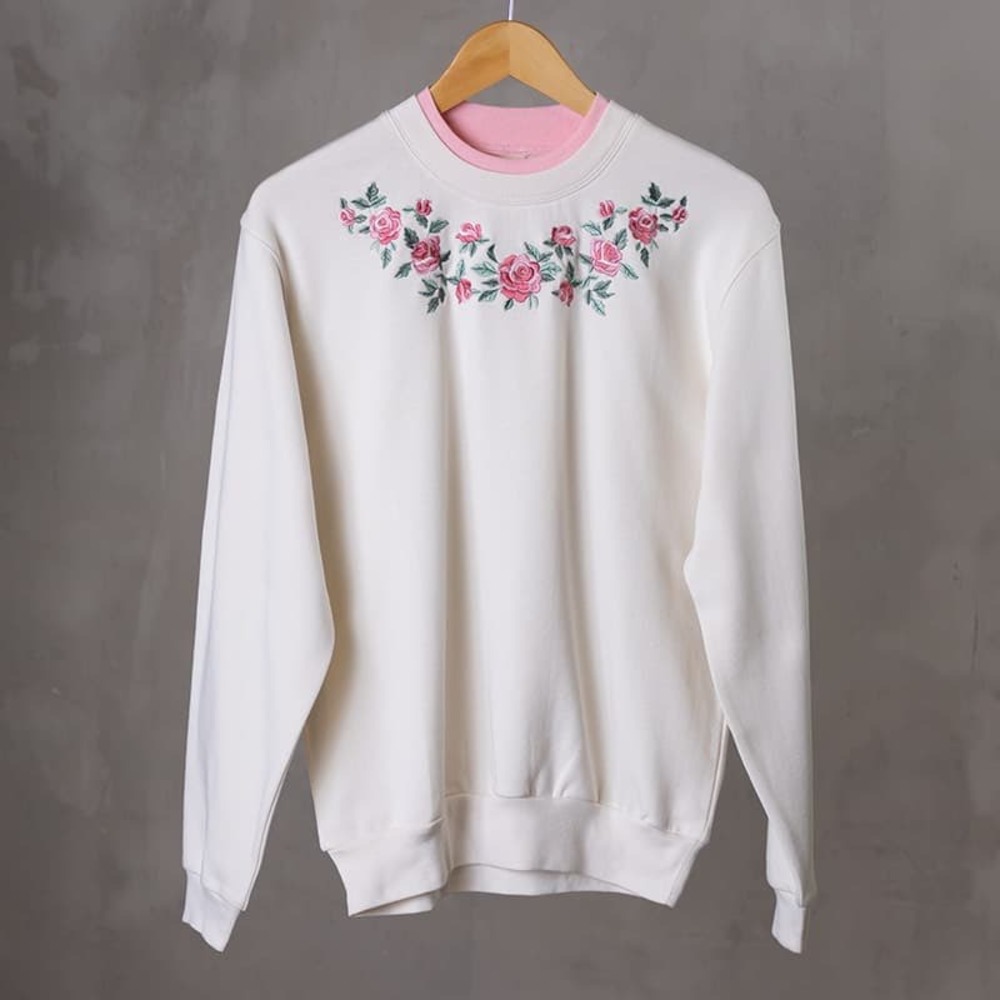 Morning Sun Embroidered Roses Cream‎ Pink Mock Neck Sweatshirt Pullover Fleece